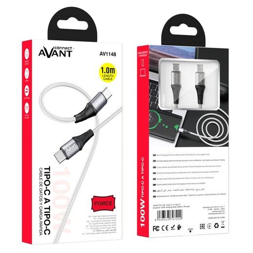 Cable Avant Connect 1M Pd 100W 5A Tipo C A Tipo C Trenzado - Carga Rapida - Force Edition