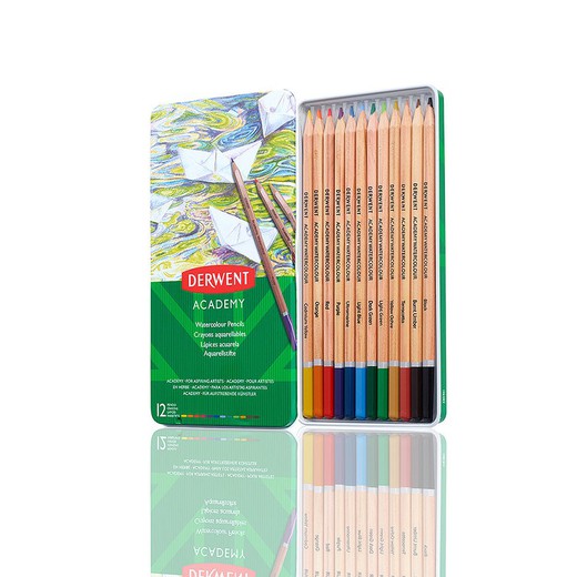 Boîte métallique de 12 crayons de couleur aquarellables Derwent