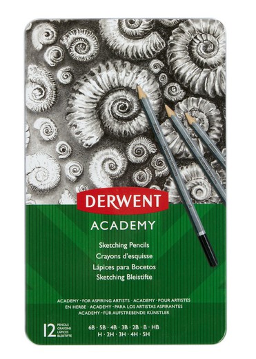 Caixa metálica 12 lápis grafite Derwent - graduação 5H-6B