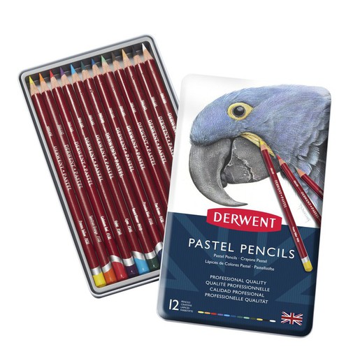 Caixa metálica com 12 lápis Derwent Pastel