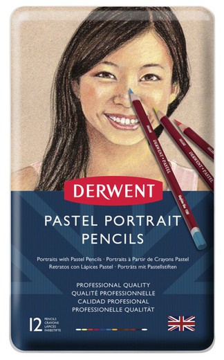 Caixa de metal com 12 lápis Derwent Pastel para retratos