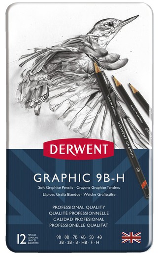 Caixa de metal com 12 lápis de grafite Derwent (9B-H)