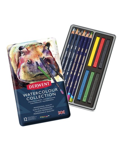 Caja metálica de colección de 24 piezas Derwent Watercolour - 6 barras  Inktense, 3 lápices Inktense y 3 lápices Watercolour