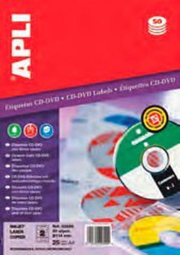 Etiquetas apli cd/dvd 114mm inkjet laser opaco