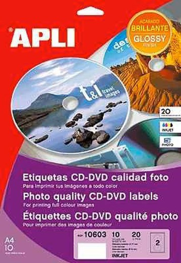 Etiquetas apli cd/dvd diámetro 117mm inkjet