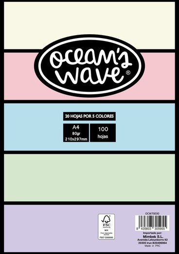 Paquete de 100 hojas 80gr. con 5 colores pastel. Ocean's Wave