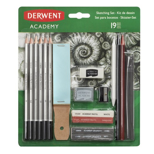 Kit de croquis (comprend 6 crayons, 2 graphites, 2 bâtons de dessin sans bois, 2 pastels, 2 fusains, 1 tampon de papier de verre, un taille-crayon, une gomme, une gomme tonale, 1 crayon papier pour adoucir les tons)