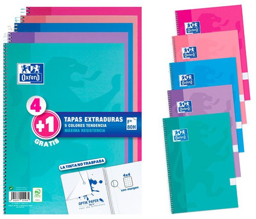 Pack 5 cuaderno (4+1) oxford color tendencia