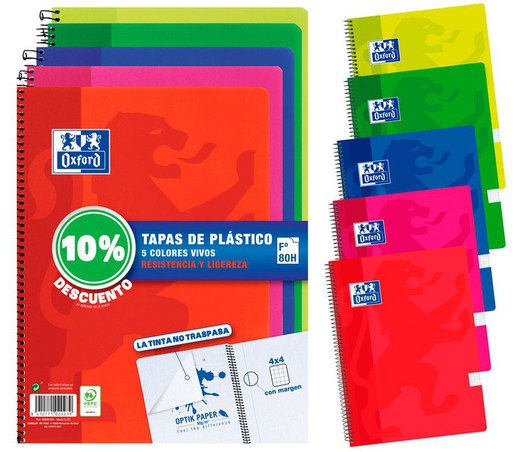 Pacote de 5 cadernos Oxford com capa plástica de cor básica