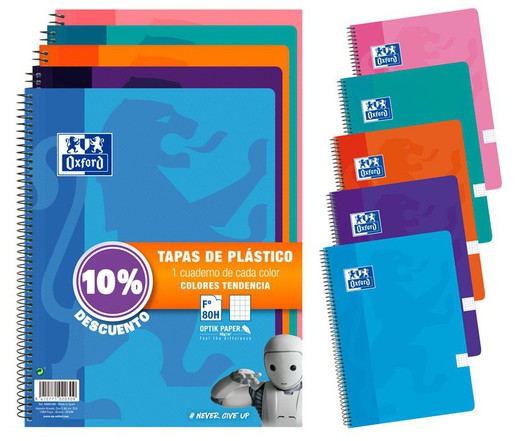 Pack 5 cahiers Oxford couverture plastique coloris tendance
