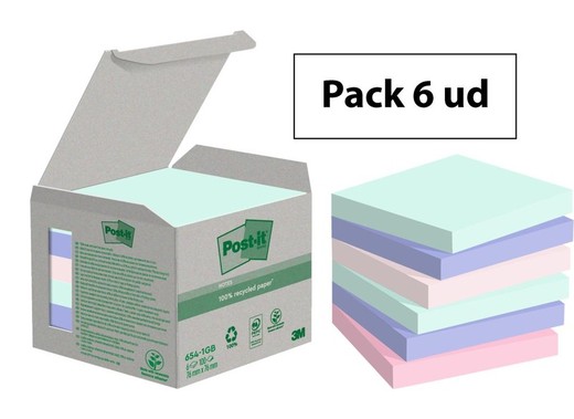 Pack 6 blocs 100 hojas Notas Recicladas adhesivas 76 x 76mm colores surtido pastel caja cartón 654-1GB