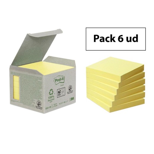 Pack 6 blocs 100 hojas Notas Recicladas adhesivas 76 x76 mm Amarillo caja cartón 654-1B Post-it® 7100