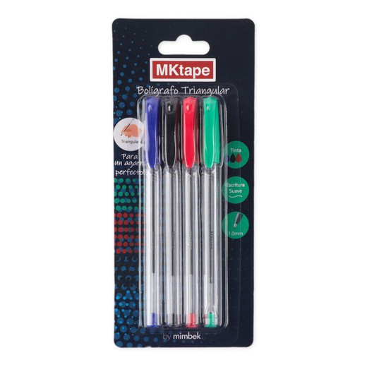 Pack de 4 bolígrafos triangulares azul, rojo, negro y verde Mktape