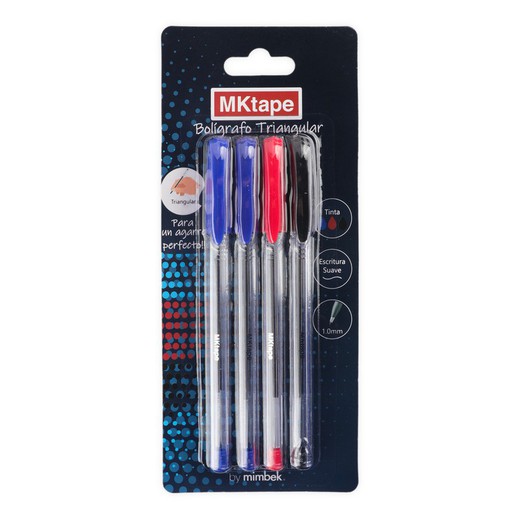 Pack de 4 bolígrafos triangulares azul, rojo y negro Mktape