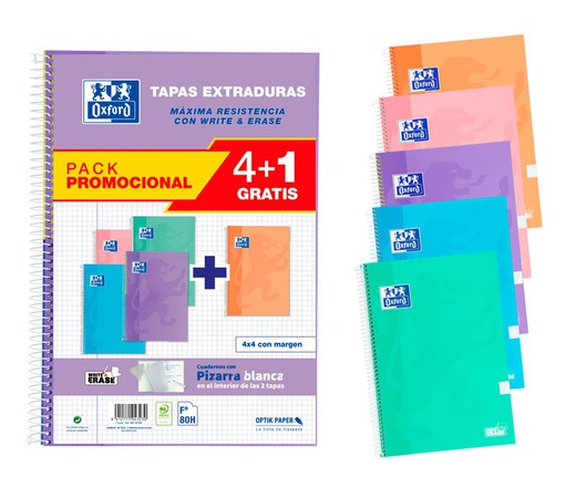 Pack de 5 cuadernos Oxford (4+1) folio. Tapa extradura. Colores pastel