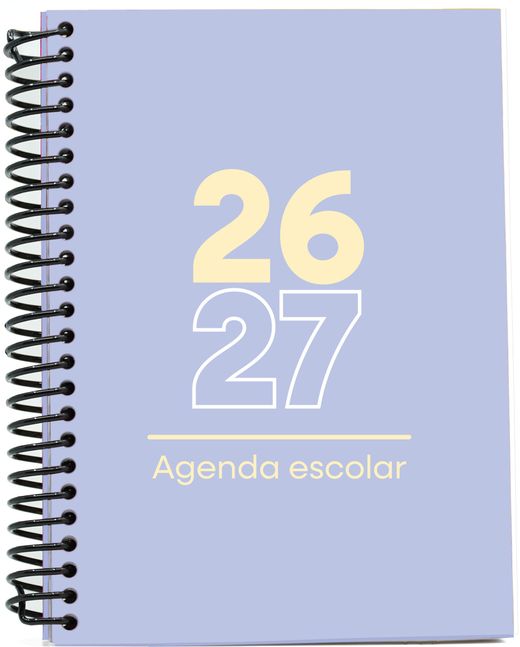 Agenda escolar 26-27. Tamaño A5, Tapa de plástico (pp). Día Página. Lila Pastel