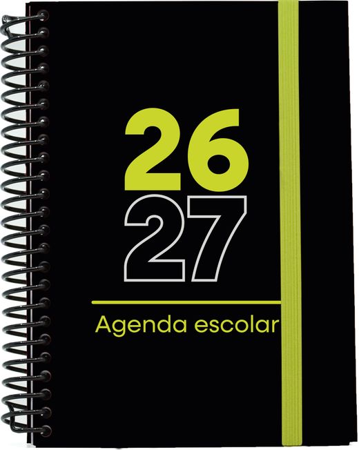 Agenda escolar 26-27, Tamaño A6, Tapa de cartón. Día Página. Negra