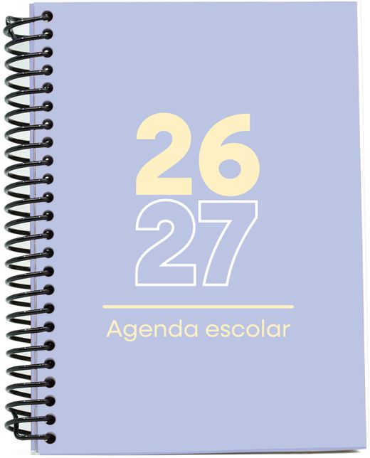 Agenda escolar 26-27, Tamaño A6, Tapa de plástico (pp). Día Página. Lila Pastel
