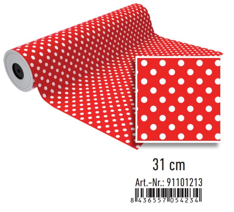 Bobina papel de regalo 31 cm Rojo con puntos blancos