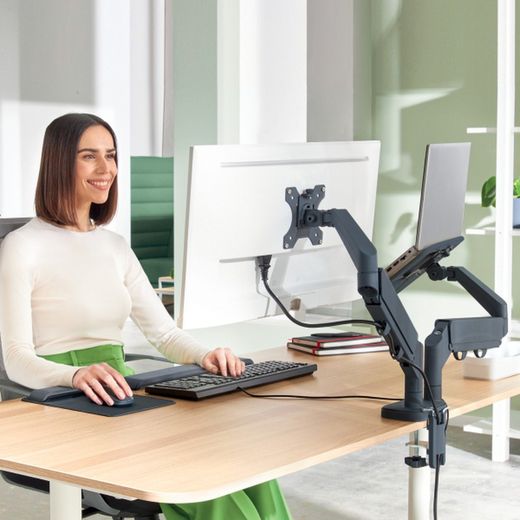 Double moniteur et bras pour ordinateur portable Leitz Ergo qui économise de l'espace