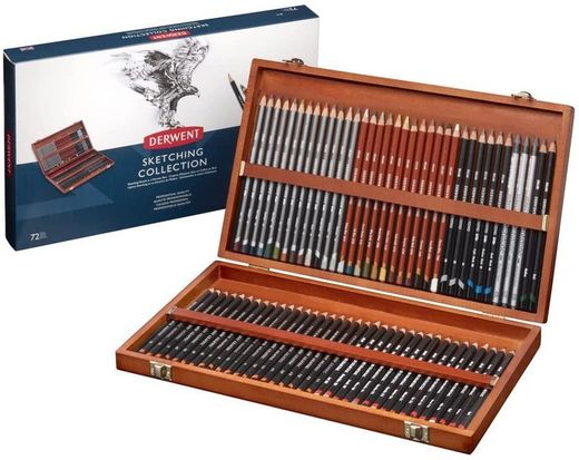 Caixa de madeira com 72 lápis derwent para desenho