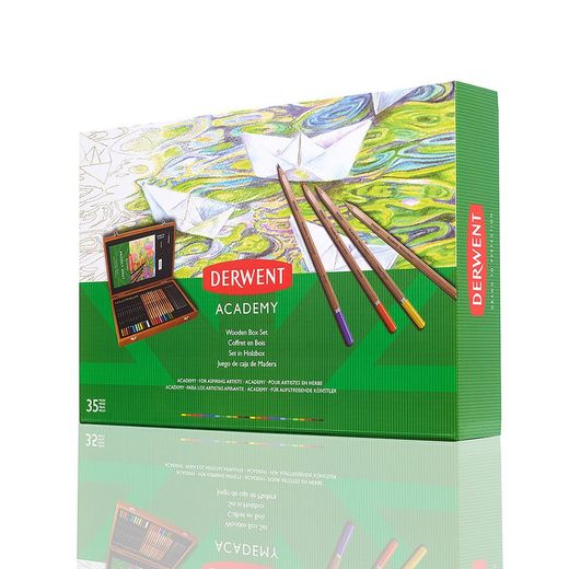 Coffret en bois Derwent Academy avec 35 pièces