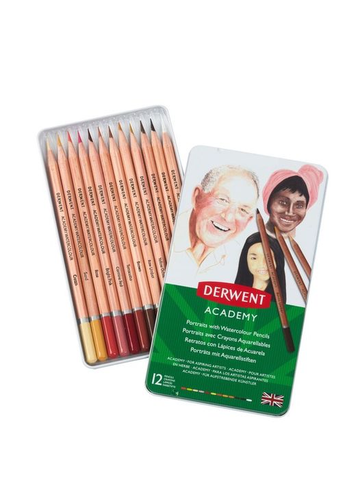 Coffret métal 12 crayons de couleur aquarellables Derwent - tons chair 12 couleurs