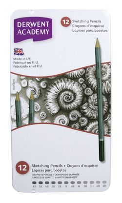 Coffret métallique 12 crayons graphite Derwent - graduation 5H-6B