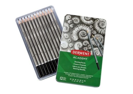 Coffret métallique 12 crayons graphite Derwent - graduation 5H-6B