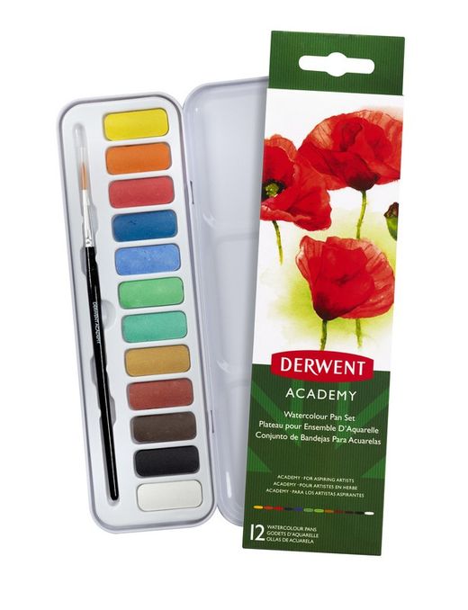 Boîte métallique 12 pastilles d'aquarelle Derwent (pinceau inclus)