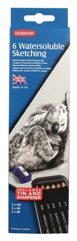 Boîte métal de 6 crayons aquarelle Derwent graphite pour croquis - 3 grades (HB, 4B et 8B), taille-crayon inclus