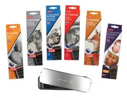 Boîte métal de 6 crayons aquarelle Derwent graphite pour croquis - 3 grades (HB, 4B et 8B), taille-crayon inclus