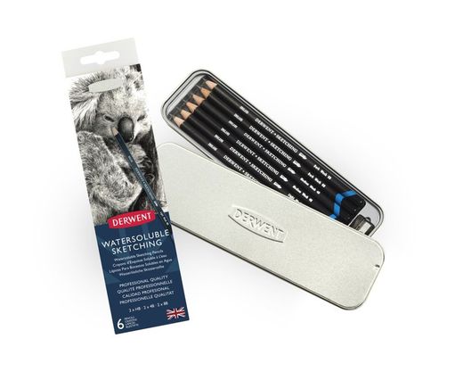 Boîte métal de 6 crayons aquarelle Derwent graphite pour croquis - 3 grades (HB, 4B et 8B), taille-crayon inclus