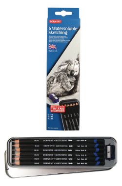 Boîte métal de 6 crayons aquarelle Derwent graphite pour croquis - 3 grades (HB, 4B et 8B), taille-crayon inclus