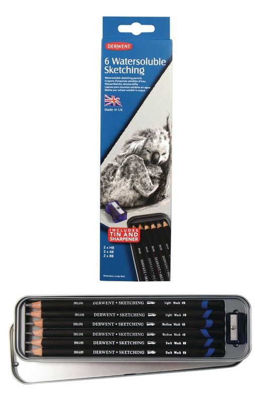 Boîte métal de 6 crayons aquarelle Derwent graphite pour croquis - 3 grades (HB, 4B et 8B), taille-crayon inclus