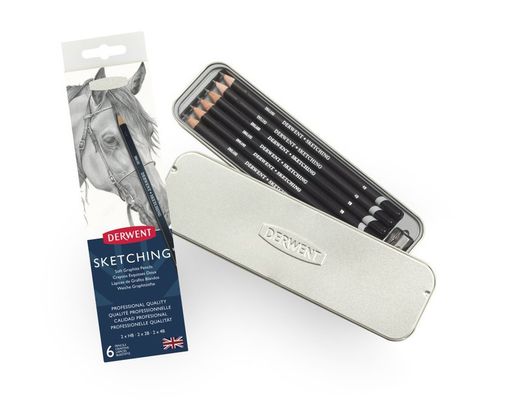 Caixa de metal com 6 lápis de grafite Derwent para esboços - 3 graus (HB, 2B e 4B), inclui apontador