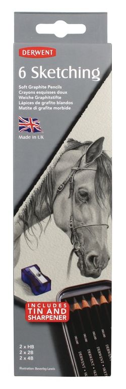 Caixa de metal com 6 lápis de grafite Derwent para esboços - 3 graus (HB, 2B e 4B), inclui apontador