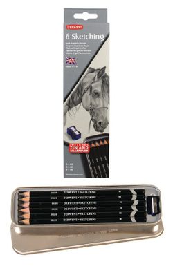 Caixa de metal com 6 lápis de grafite Derwent para esboços - 3 graus (HB, 2B e 4B), inclui apontador