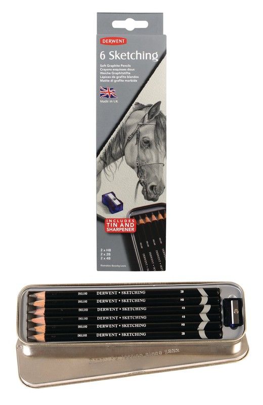 Caixa de metal com 6 lápis de grafite Derwent para esboços - 3 graus (HB, 2B e 4B), inclui apontador