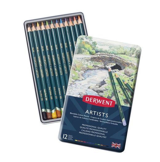 Caixa de metal com 12 lápis Derwent Artists