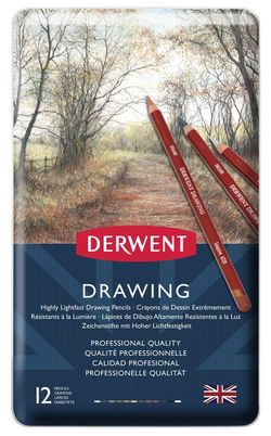 Caixa de metal com 12 lápis Derwent Drawing