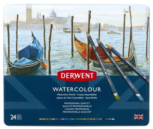 Caixa metálica com 24 lápis aquarela Derwent