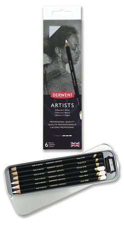 Caixa de metal com 6 lápis Derwent Artists Black/White - 3 tons frios e 3 tons quentes
