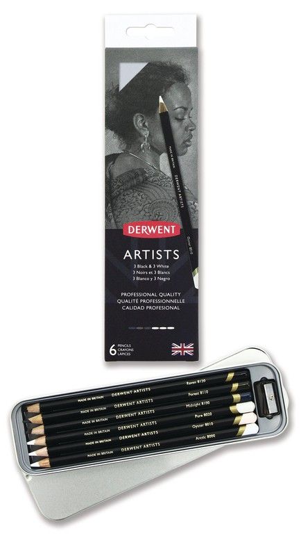Caixa de metal com 6 lápis Derwent Artists Black/White - 3 tons frios e 3 tons quentes