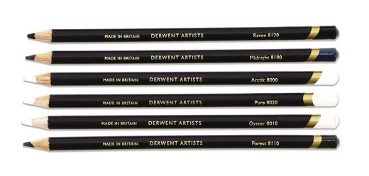 Caixa de metal com 6 lápis Derwent Artists Black/White - 3 tons frios e 3 tons quentes