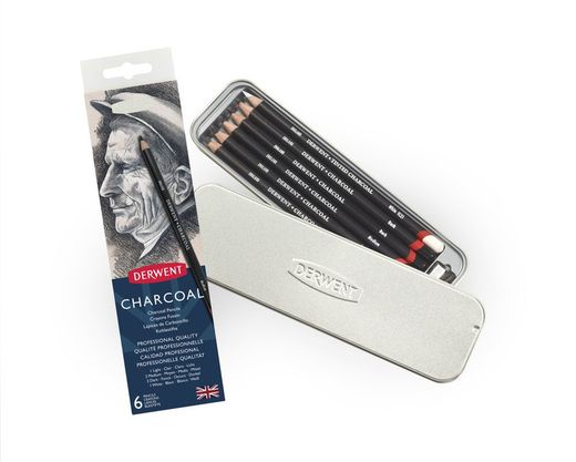 Caixa de metal com 6 lápis de carvão Derwent - claro, 2 x médio, 2 x escuro, tingido de branco