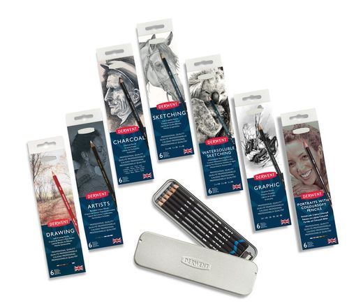 Boîte métal de 6 fusains Derwent - clair, 2 x moyen, 2 x foncé, teinté blanc