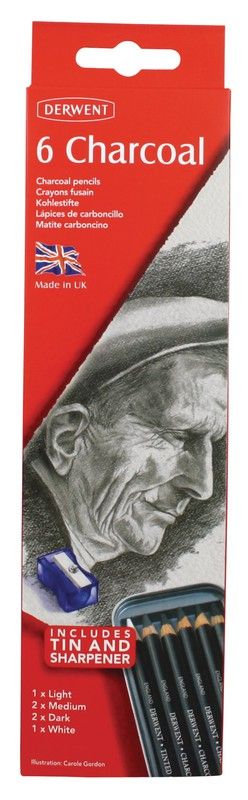 Boîte métal de 6 fusains Derwent - clair, 2 x moyen, 2 x foncé, teinté blanc