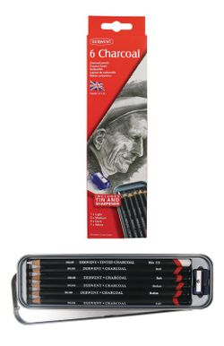 Boîte métal de 6 fusains Derwent - clair, 2 x moyen, 2 x foncé, teinté blanc