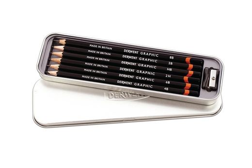 Caixa de metal com 6 lápis de grafite Derwent (6B-2H)